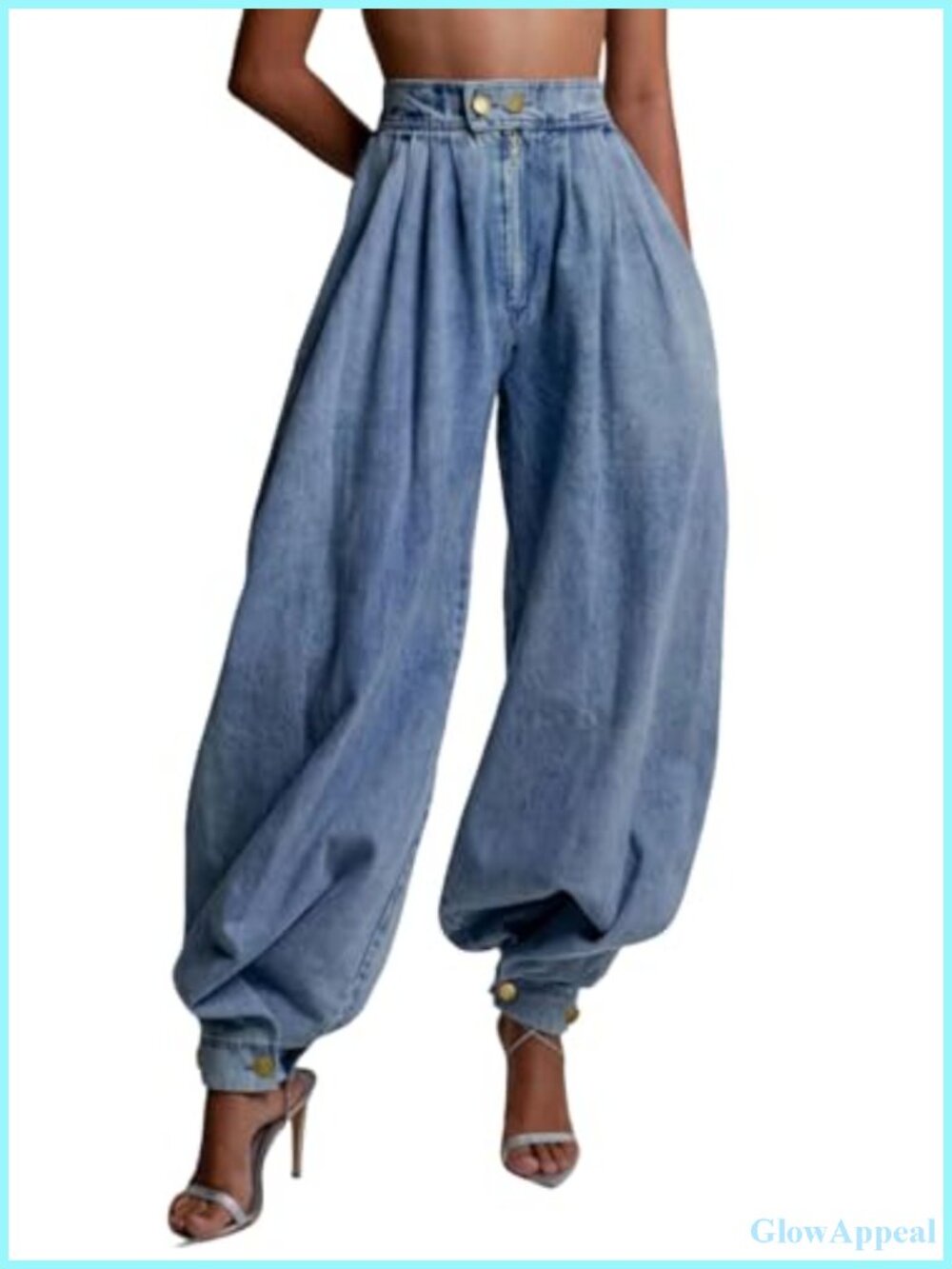 Women's Baggy Harem Wide Leg Balloon Jeans High Waist Zip Pleated Denim